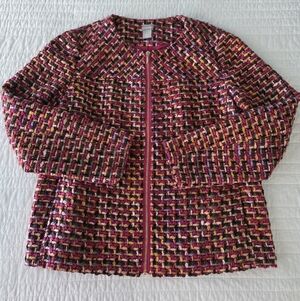 Chicos Women's Tweed Blazer Size 2 Large Pink Woven Multi Career Church
